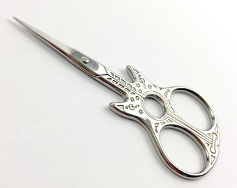Guitar Embroidery Scissors | Extra sharp fine tip | Small Silver or Rainbow Cross Stitch Needlepoint Snips | Guitar Lovers Scissor