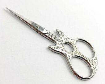 Guitar Embroidery Scissors | Extra sharp fine tip | Small Silver or Rainbow Cross Stitch Needlepoint Snips | Guitar Lovers Scissor