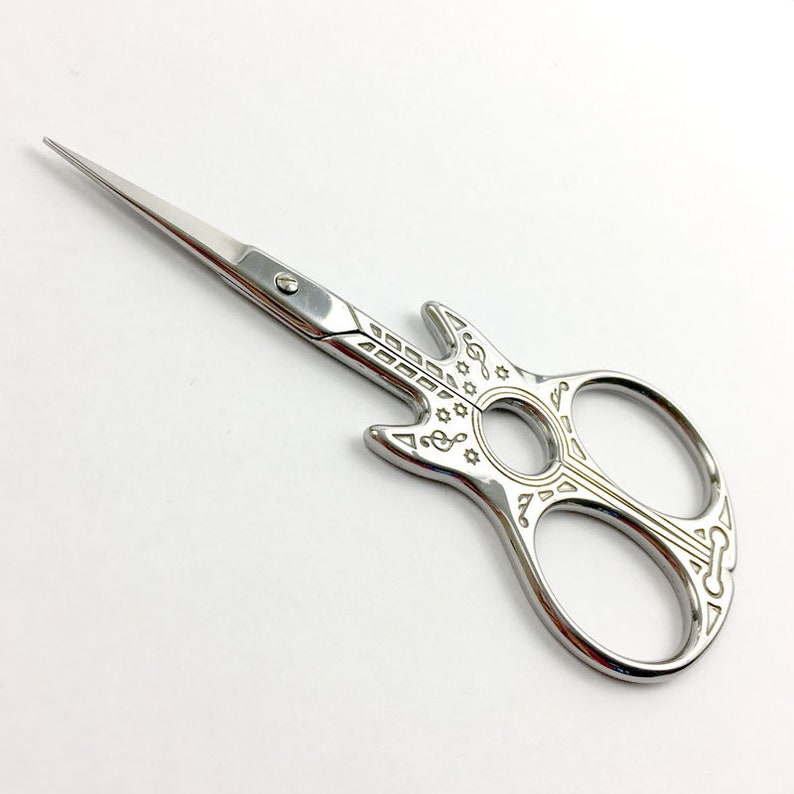 Guitar Embroidery Scissors Extra sharp fine tip Small Silver or Rainbow Cross Stitch Needlepoint Snips Guitar Lovers Scissor image 1