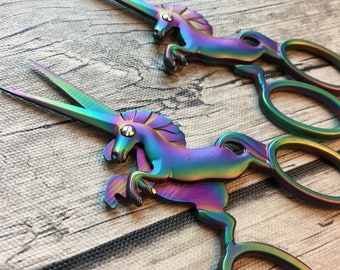 Iridescent Unicorn Embroidery Scissors | Small Fine Tip Unicorn Horn Sewing Scissors | Rainbow Metal Colorful Cross Stitch Thread Snips