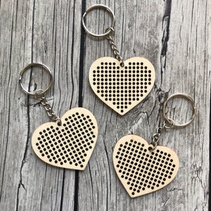 Stitchable Wooden Heart Keychains Set of 3 with Rose/Rainbow patterns Cross Stitch Embroidery Perforated Wood Plywood Needlepoint image 3