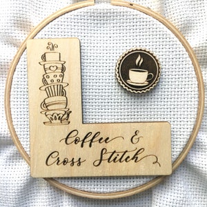 Pattern Marker + Needle Minder Bundle: "Coffee & Cross Stitch" Magnetic Engraved Wooden Place Keeper | Coffee X-Stitch Lovers Gift Idea