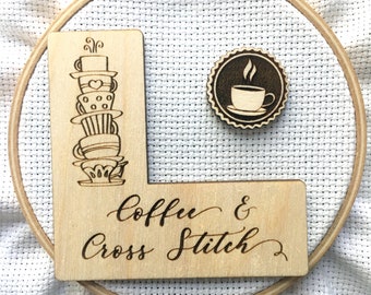 Pattern Marker + Needle Minder Bundle: "Coffee & Cross Stitch" Magnetic Engraved Wooden Place Keeper | Coffee X-Stitch Lovers Gift Idea