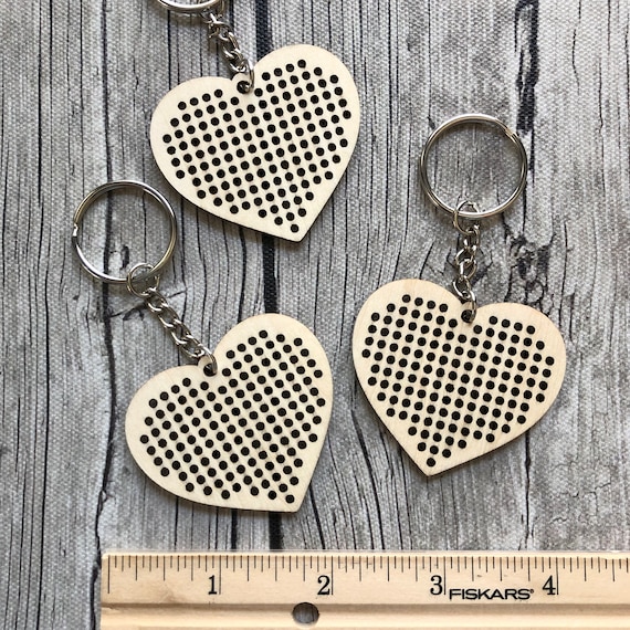 Stitchable Wooden Heart Keychains (set of 3) With Rose/rainbow