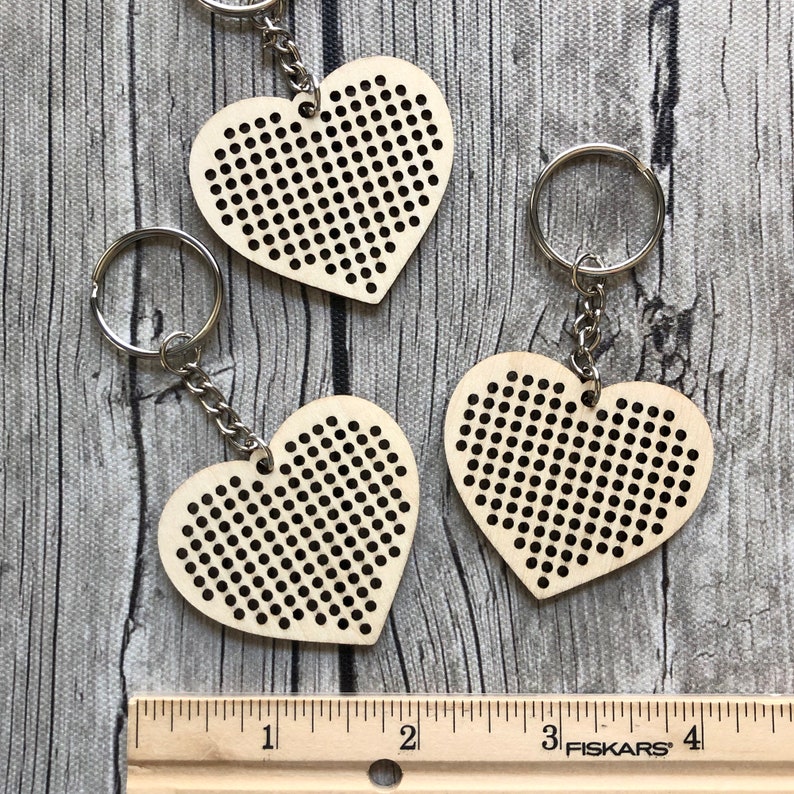 Stitchable Wooden Heart Keychains Set of 3 with Rose/Rainbow patterns Cross Stitch Embroidery Perforated Wood Plywood Needlepoint image 6