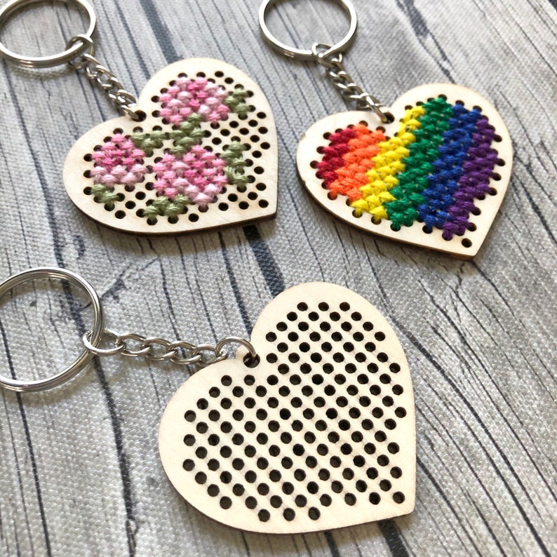 Stitchable Wooden Heart Keychains Set of 3 with Rose/Rainbow patterns Cross Stitch Embroidery Perforated Wood Plywood Needlepoint image 4