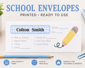 Personalized School Envelopes | Printed Student Money Envelope | Custom Teacher Note Envelope | Back to School Supplies