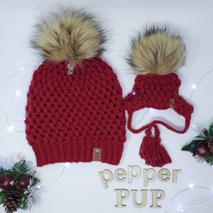 Puppy and Me Beanie Dog Beanie Slouchy Dog Hat Matching Hat Crochet Beanie Crochet Hat Handmade Beanie Dog Slouch Winter Beanie Faux Pom