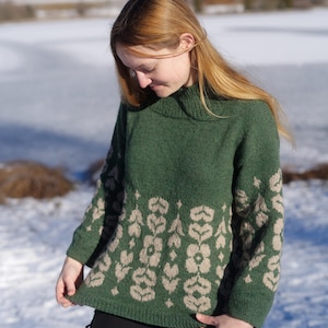 Peut inclure: Un pull vert à col roulé orné d'un motif floral beige clair. Le pull à manches longues a un col et des poignets côtelés. L'arrière-plan montre un paysage enneigé. La personne porte le pull.