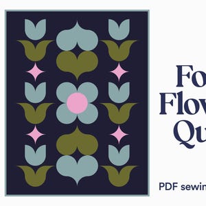 May include: A navy blue quilt pattern with a floral design in green, blue, and pink. The text "Folk Flower Quilt" and "PDF sewing pattern" are included. The pattern is from "Caledonia Dreamin'". The design is a retro style.