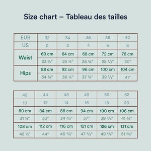 May include: A size chart with measurements in both centimeters and inches. The chart includes waist and hip measurements, with corresponding US and EUR sizes. The text "Size chart - Tableau des tailles" is at the top.