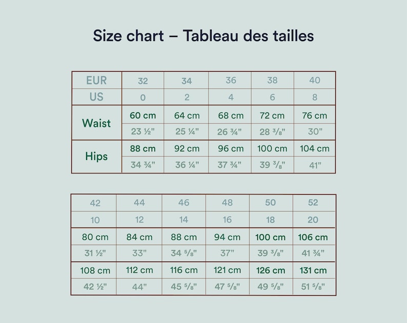May include: A size chart with measurements in both centimeters and inches. The chart includes waist and hip measurements, with corresponding US and EUR sizes. The text "Size chart - Tableau des tailles" is at the top.