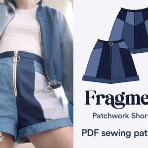 Sewing pattern retro patchwork Shorts  with cut-out part. Wide hem, wide legs, 70&#39;s aesthetic – Fragmen