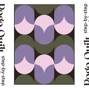 Op de afbeelding: Een geometrisch quiltpatroon met een herhalend ontwerp van gestileerde bloemvormen in lavendel, roze en olijfgroen op een donkerbruine achtergrond. De woorden "Pogo Quilt" en "step-by-step tutorial" zijn verticaal afgedrukt.