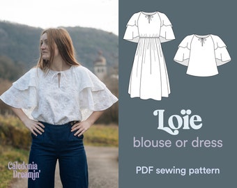 Sewing pattern woman Boho blouse butterfly sleeves dress flared summer easy bohemian Loïe midi dress