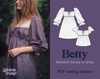 Naaipatroon vrouw cottagecore jurk. babydoll blouse. Beginnersvriendelijk meisjespatroon, vrouwelijk, vintage, gemakkelijk – Betty