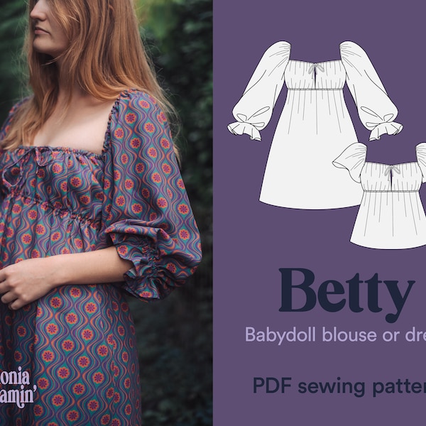 Sewing pattern woman cottagecore dress. babydoll blouse. Beginner friendly girl pattern, feminine, vintage, easy – Betty