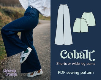 Naaipatroon retro Shorts of broek met knoopsluiting. Superbrede pijpen, esthetiek uit de jaren 70 - Kobalt