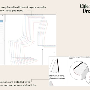 May include: A digital sewing pattern with layered sizes, detailed instructions, and illustrations. The text reads "The sizes are placed in different layers in order to print only those you need." and "The instructions are detailed with illustrations and sometimes video links."