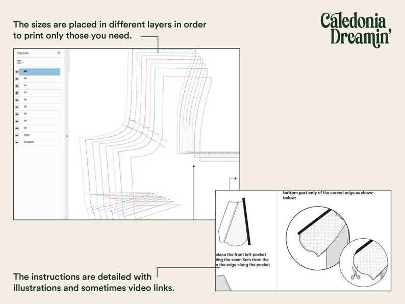 May include: A digital sewing pattern with layered sizes, detailed instructions, and illustrations. The text reads "The sizes are placed in different layers in order to print only those you need." and "The instructions are detailed with illustrations and sometimes video links."