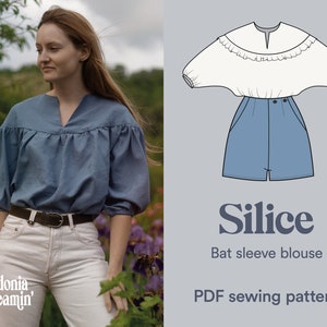 May include: A digital illustration of a white blouse with a ruffled collar and batwing sleeves. The blouse is paired with blue denim shorts. The text "Silice Bat sleeve blouse PDF sewing pattern" is below the illustration.