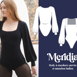 Sewing pattern bodysuit with squared neckline and bishop sleeves, puff sleeves, ballerina core – Meridia