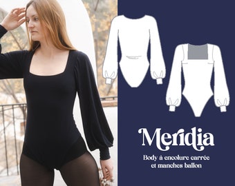 Sewing pattern bodysuit with squared neckline and bishop sleeves, puff sleeves, ballerina core – Meridia