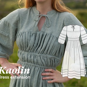 May include: A woman wearing a light green dress with a tie at the neck. The dress has a gathered bodice and long sleeves. A line drawing of a white dress with long sleeves is superimposed on the image. The text "Kaolin dress extension" is below the image.