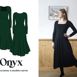 Squared neckline Midi dress sewing pattern jersey dress beginner sewist knit stretch jersey – Onyx