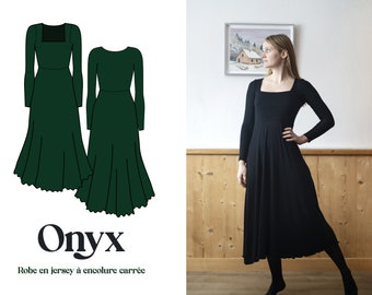 Squared neckline Midi dress sewing pattern jersey dress beginner sewist knit stretch jersey – Onyx