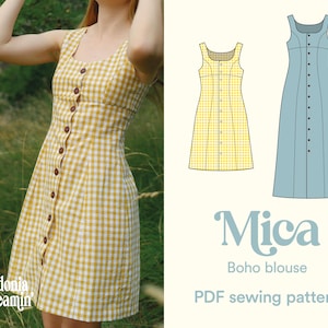 Puede incluir: Un vestido a cuadros amarillos y blancos con botones marrones. El vestido tiene un escote cuadrado y un corpiño ajustado. Junto al vestido hay un gráfico de un vestido amarillo y un vestido azul. El texto en la imagen dice "Mica Boho blouse PDF sewing pattern".