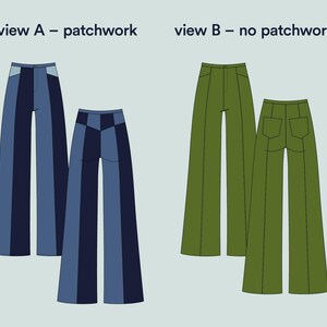 May include: Illustration of two pairs of flared pants. One pair is blue patchwork, the other is green. The text "view A - patchwork" and "view B - no patchwork" is at the top of the image.