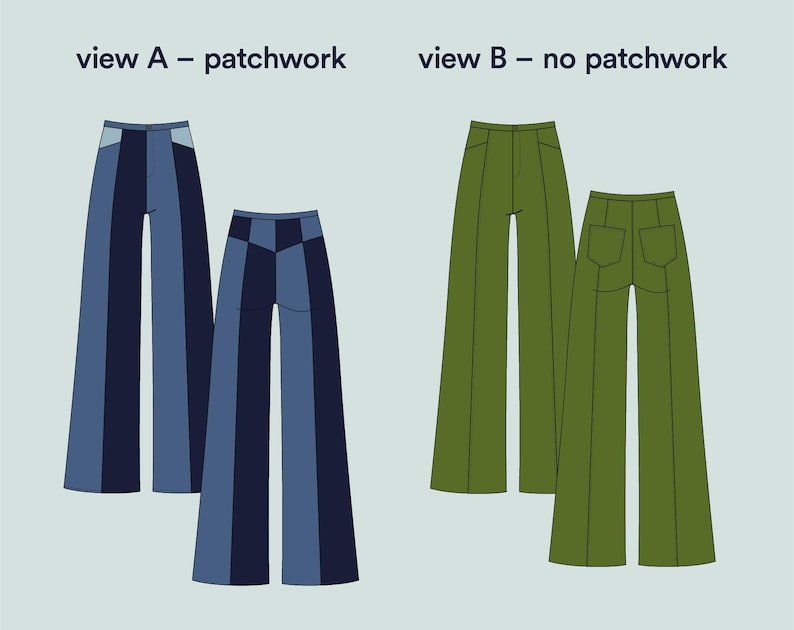 May include: Illustration of two pairs of flared pants. One pair is blue patchwork, the other is green. The text "view A - patchwork" and "view B - no patchwork" is at the top of the image.