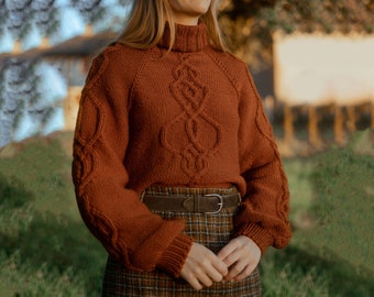 Sweater knitting pattern Vintage turtleneck raglan in the round Celtic knot cable - Kelpie