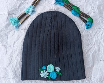 Hand embroidered cotton navy beanie with floral design | Ships worldwide