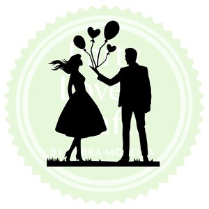 May include: Silhouette of a couple with a woman in a dress and a man in a suit. The man is holding a string of heart-shaped balloons. The image is in black and white and has a green and white background.