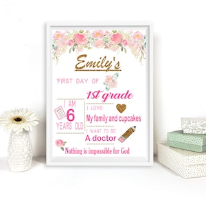 Personalized First Day of School Sign, Digital Poster Girl Back to School Photo Prop, Printable First day of school sign, Back to school PDF