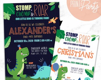 May include: Two printable dinosaur birthday party invitations with a blue and green color scheme. The invitations feature a cartoon dinosaur with a party hat and a balloon. The text on the invitations reads "Stomp, Chomp & Roar, Our Little Dino is Turning Four!" and "Join us as we celebrate [Name]'s Dino-Mite Birthday!"