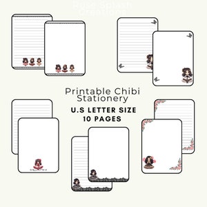 Chibi Charm Briefpapier Set - 10 skurrile Seiten für Kreativität, Kawaii Journaling Set - 10 bebilderte Seiten - zum sofortigen Download