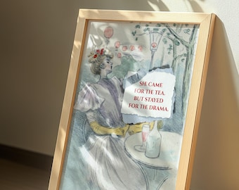 Funny Printable Wall Art – She Came for the Tea But Stayed for the Drama – Vintage Woman, Instant Download| Dopamine Decor Print