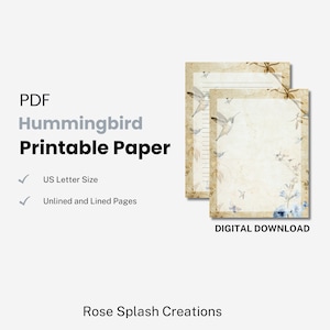 Juego de papel vintage Blue Hummingbird / 2 páginas rayadas y sin rayar para diarios de arte y cartas / Papelería de descarga digital / Cartas para amigos por correspondencia en PDF