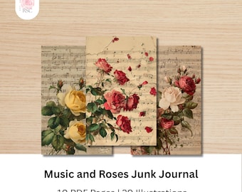 Music and Roses Printable Junk Journal Pages for Crafters| Paper Craft Supplies| Junk Journal PDF| Music theme Junk Journal