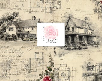 Vintage Farmhouse Architecture Junk Journal| Antique Sketches| Architectural Drawing Junk Journal Printable| Blueprints and florals PDF