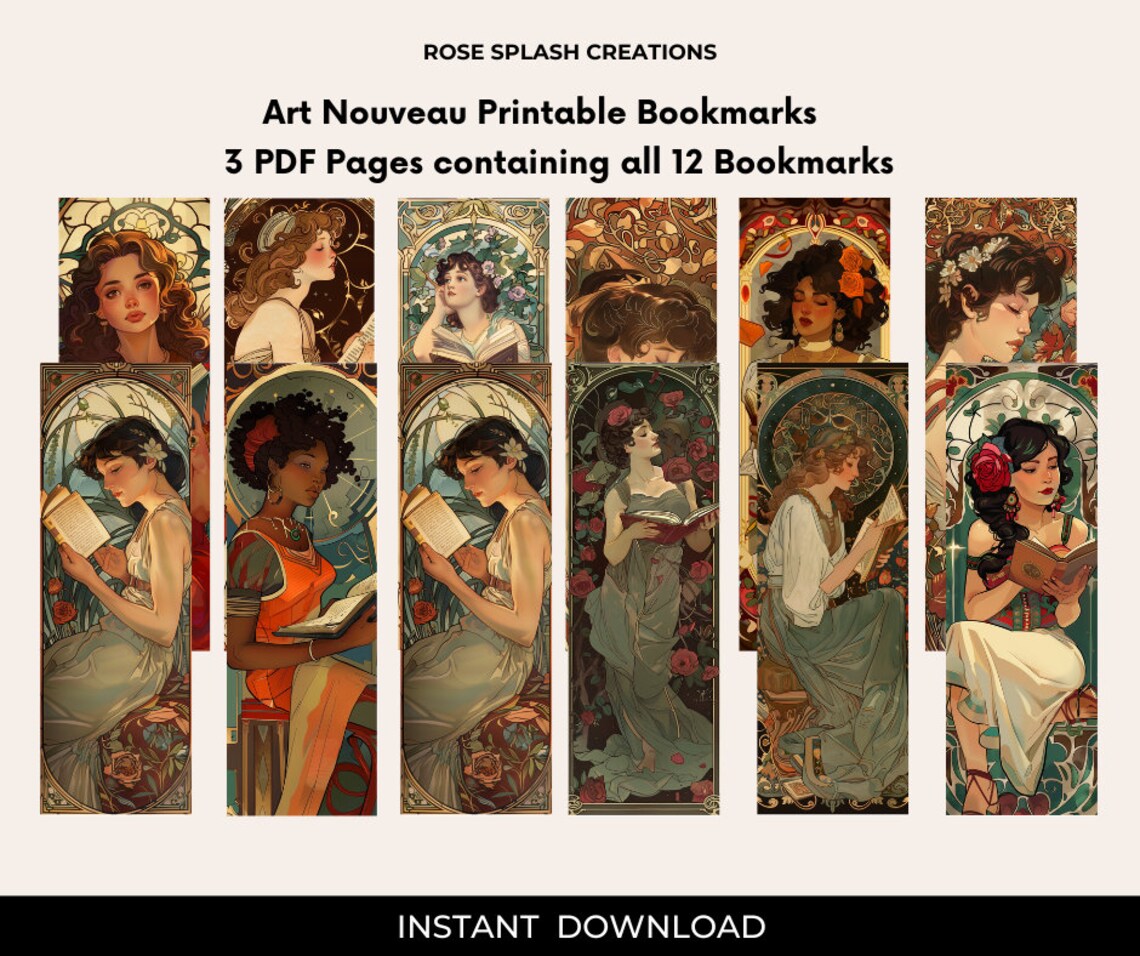 Art Nouveau Printable Bookmarks Set of 12 Designs Featuring Women of ...