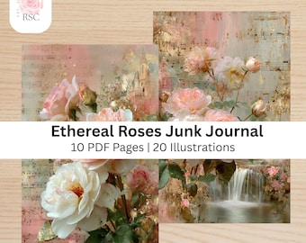 Ethereal Roses Junk Journal Printable| 20 Illustration of Roses, Castles, Cottages, and Waterfalls PDF| Half Pages Junk Journal