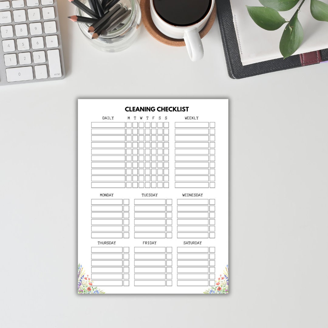 Floral Cleaning Checklist Printable| PDF| Cleaning Schedule Printable ...
