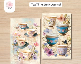 Tea, Flowers & Butterflies Junk Journal Pages| Shabby Chic Printable Junk Journal| Cottagecore Tea Cup Ephemera |10 Tea Time Ephemera Pages