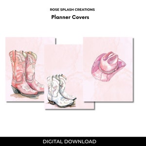 Cubiertas de planificador de vaquera en acuarela: Set de sombrero y botas rosas (A4, A5, carta) / Portada de planificador / Paquete imprimible de portada de planificador 2024 / Tablero