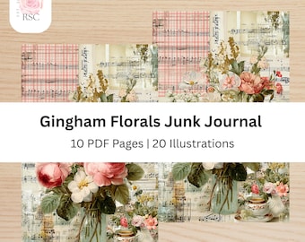 Cute Gingham Floral Junk Journal | Half Papers for Scrapbooking| Shabby and Cottagecore theme Junk Journal| PDF Scrapbook