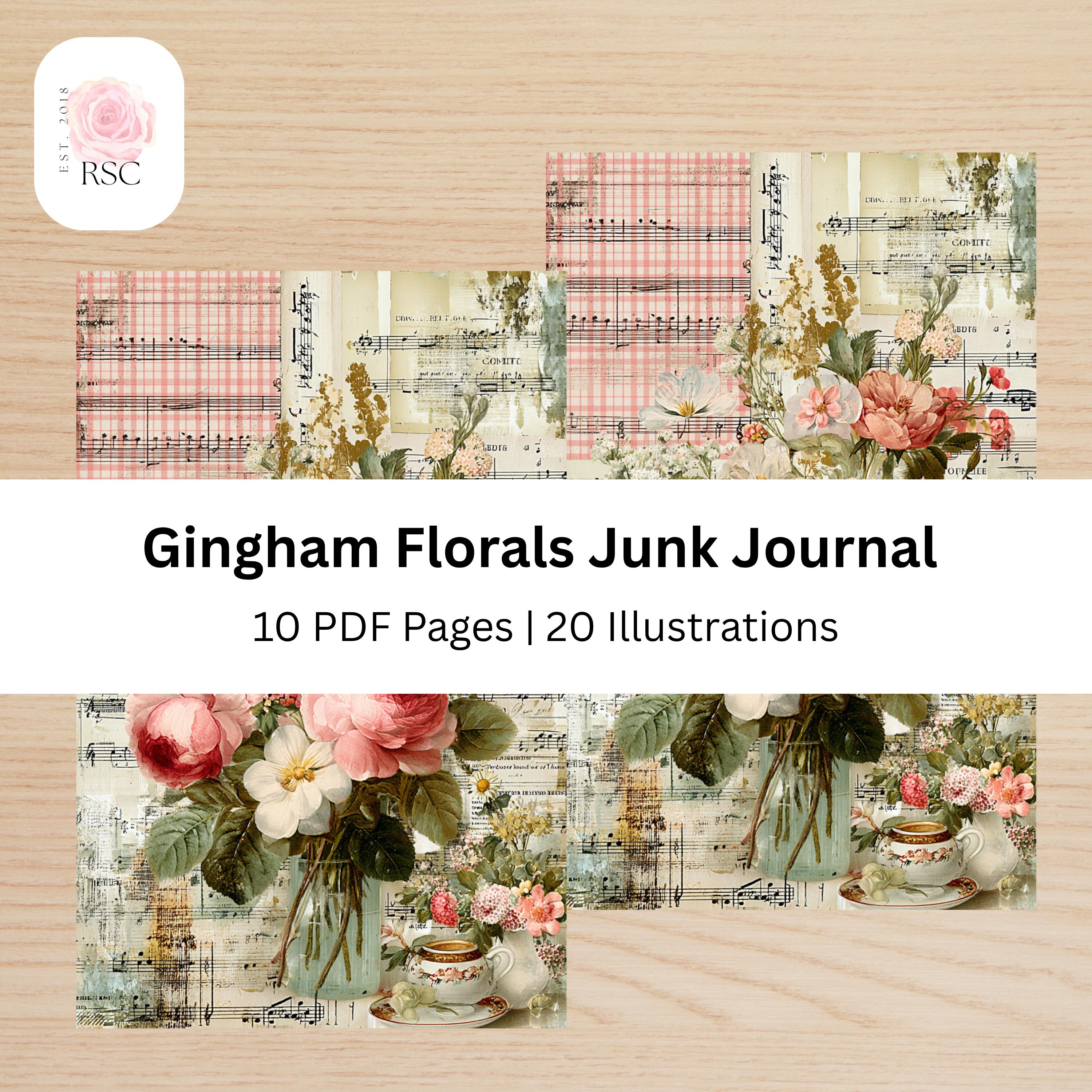 Cute Gingham Floral Junk Journal | Half Papers for Scrapbooking| Shabby and Cottagecore theme Junk Journal| PDF Scrapbook